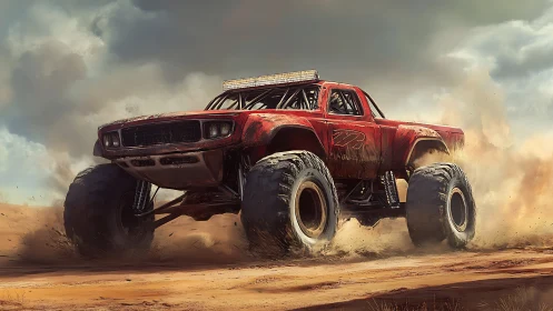 Red off-road monster truck moves through dusty terrain