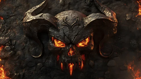 Horned demonic skull relief with molten lava highlights.