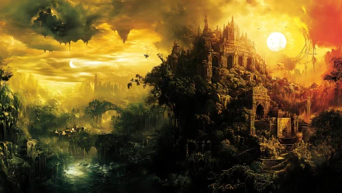 Sunlit jungle citadel rises above misty river valley