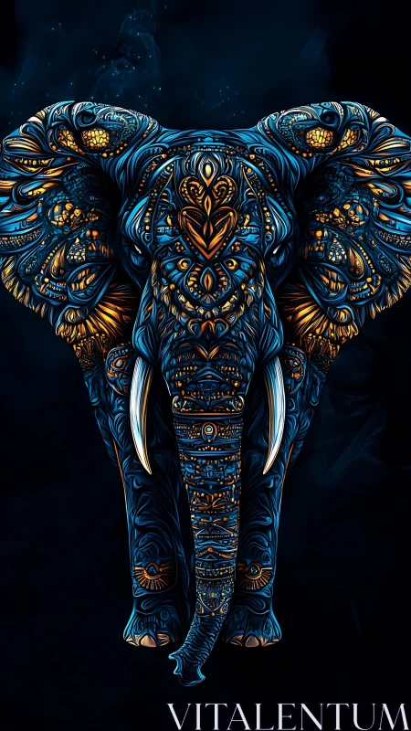 Ornate neon-blue elephant head with glowing amber filigree pattern