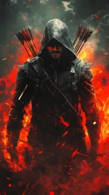 Digital painting of hooded archer emerging through inferno glow.