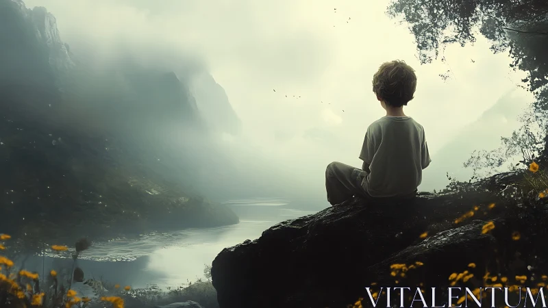 Young boy gazing at misty mountain lake, dreamy cinematic style.