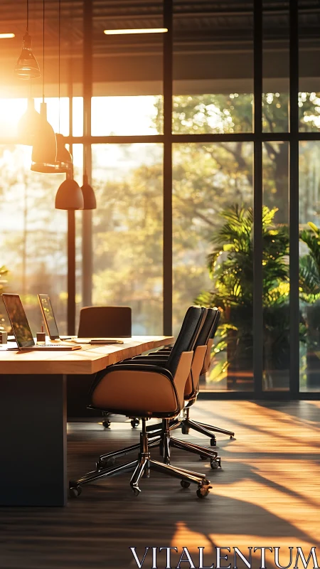 Contemporary Office Space with Golden Hour Illumination and Industrial Fenestration