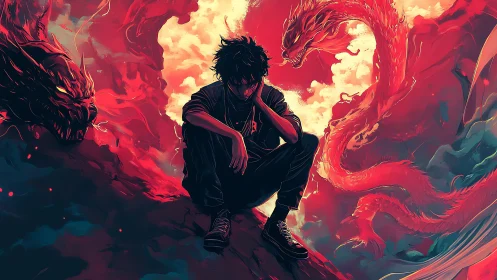 Digital painting of lone youth encircled by twin red dragons.