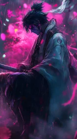 Solitary samurai kneels in neon storm of petals and rain