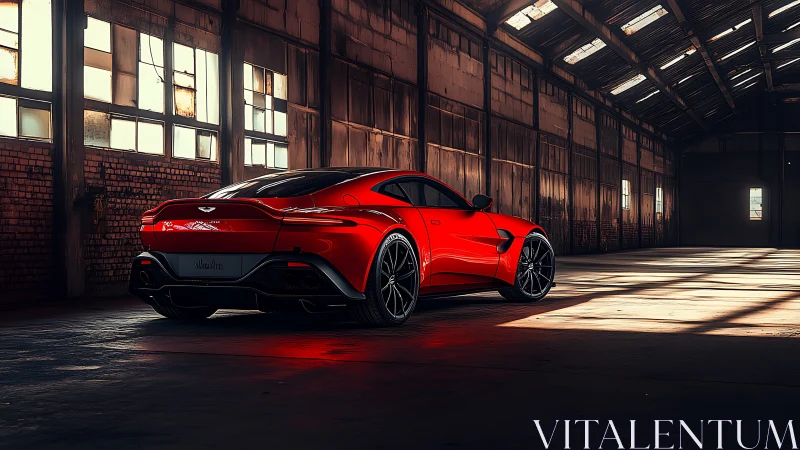 Red performance coupé rendered in photorealistic warehouse light