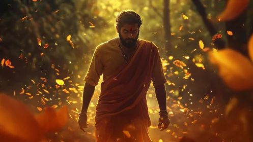 Mystical forest warrior strides through swirling golden leaves.