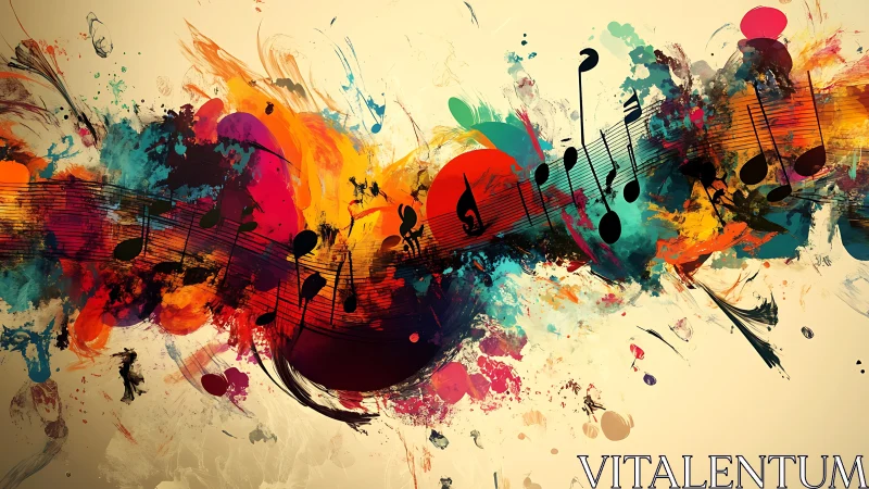 Colorful music notes surge through expressive paint waves.