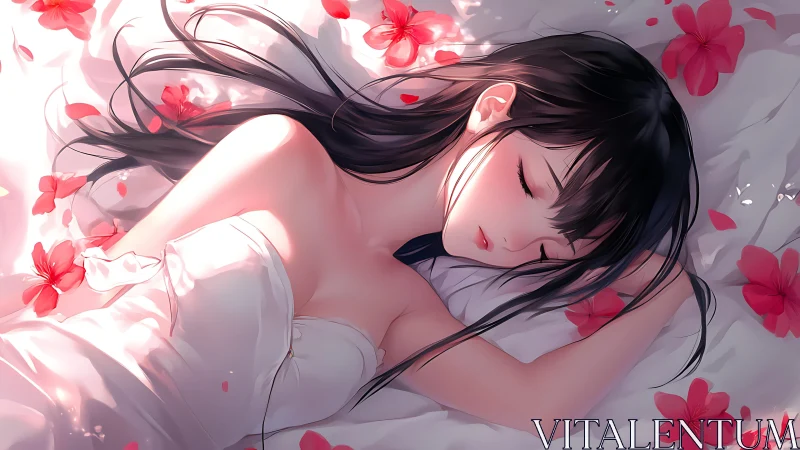 Sleeping girl on white bed with scattered red flowers.