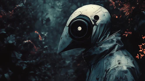 Cybernetic plague doctor stalks a misty, haunted forest