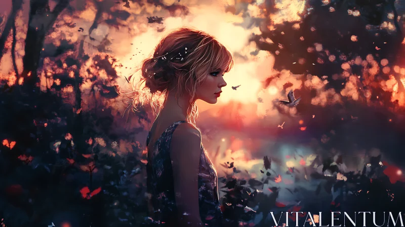 Dreamlike forest portrait under glowing dusk sky.