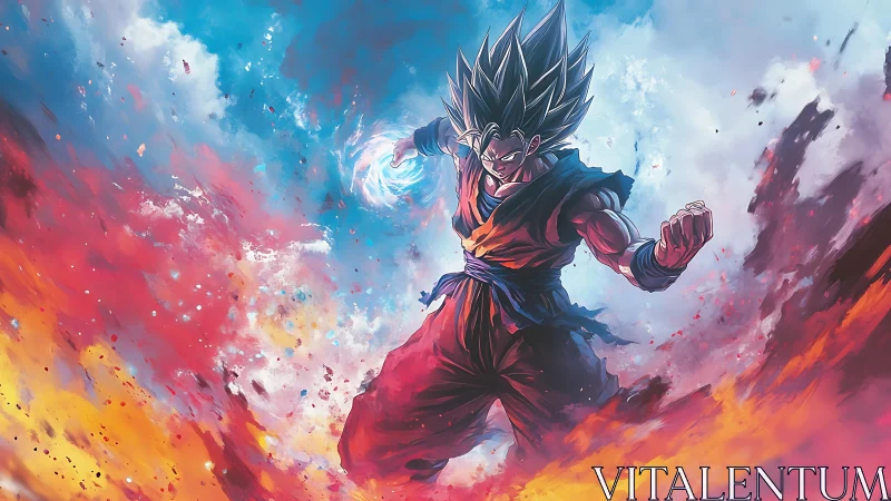 Energy-charged anime fighter ascends through chromatic clouds