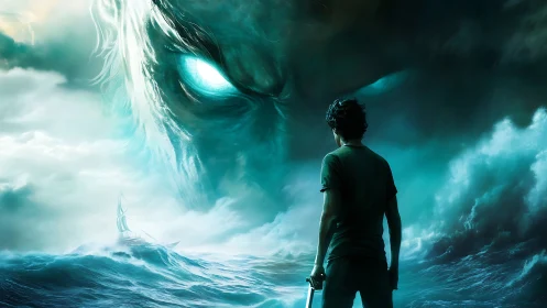 Storm-lit challenger confronts a colossal ocean spirit gaze