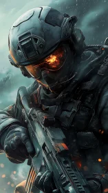 Armored cyber-soldier advances through storm with visor ablaze