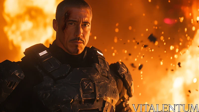 Battle-scarred space soldier stands firm in blazing firestorm