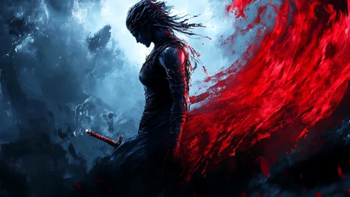 Hemocinetic warrior silhouette in turbulent chromatic vortex.