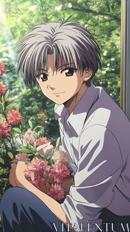 Male anime character sits by window holding flowering plant