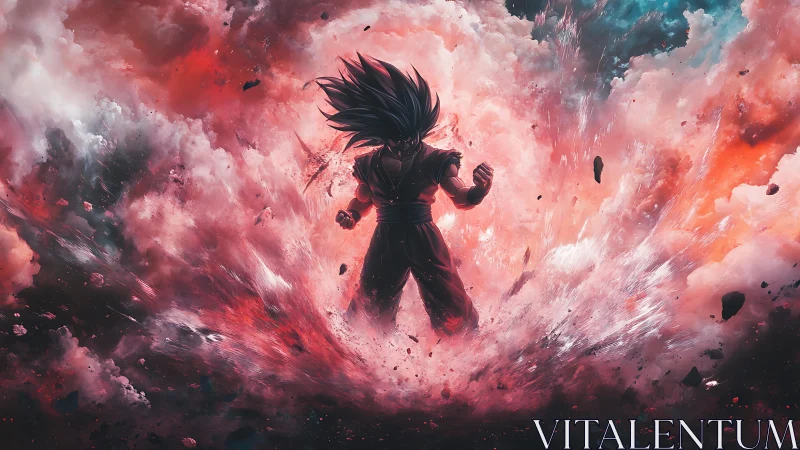 Silhouetted warrior ignites cosmic storm in vivid clouds.