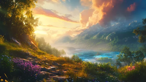 Sunlit alpine lake valley with wildflower meadow foreground