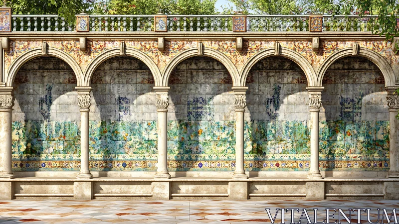 Sunlit stone arcade with aged decorative tiled wall.