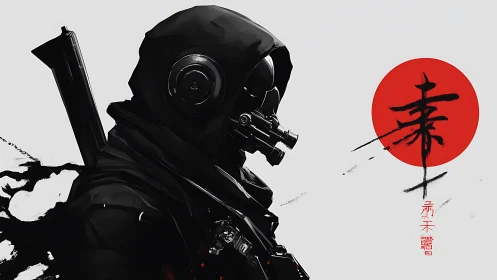 Hooded tactical figure in profile against red sun emblem