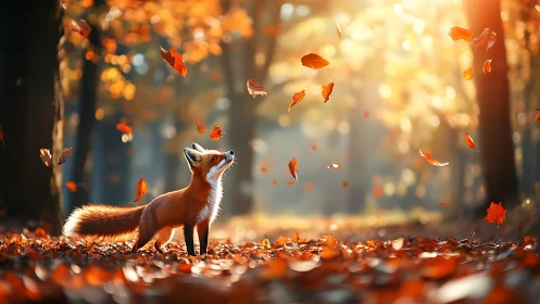 Red fox observes drifting autumn leaves in warm backlight