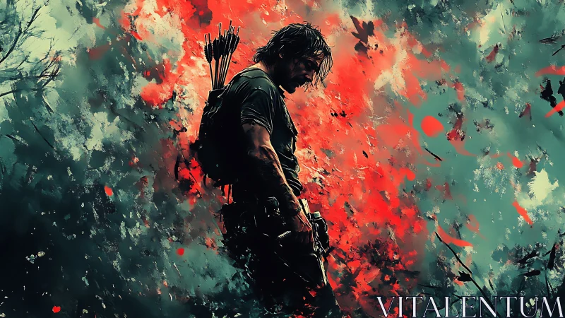 Brooding archer drifts through a storm of ash and embers.