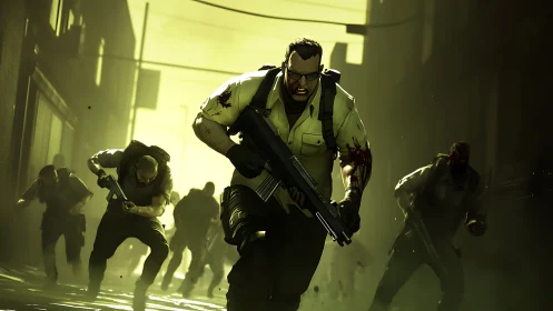 Dynamic zombie assault in stylized digital action scene.