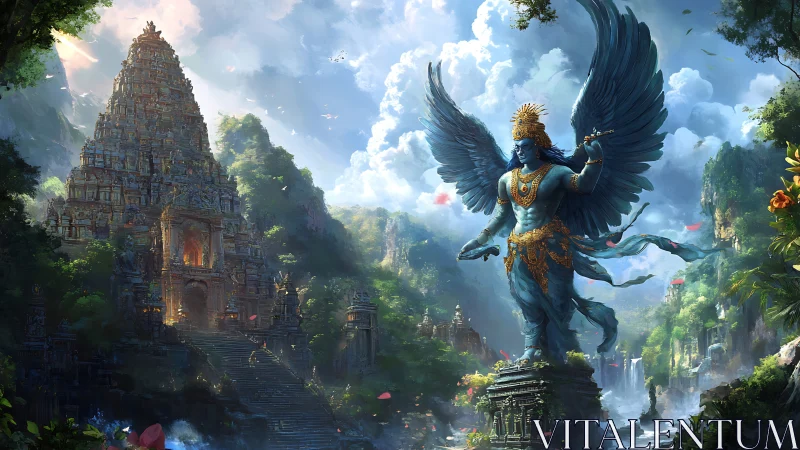 Majestic winged deity guards a lush ancient temple valley