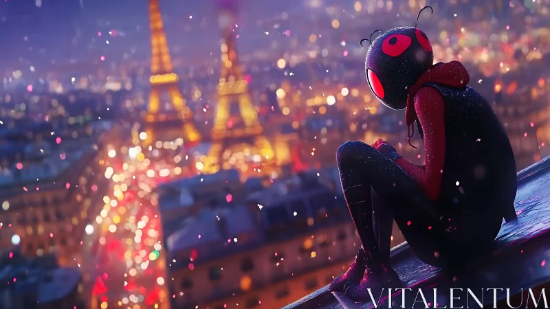 Heroic insect-suited teen overlooks glowing Paris skyline