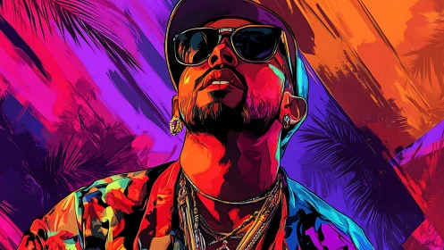 Neon-soaked portrait of a confident man in tropical night glow