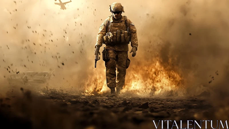Soldier strides through blazing battlefield under swirling dust