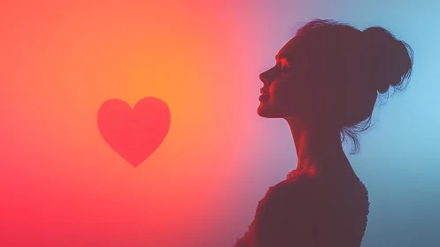 Silhouette Profile with Red Heart Against Gradient.
