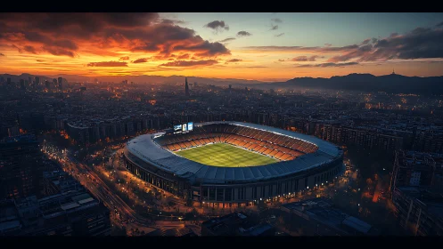Floodlit football stadium dominates dense city at sunset
