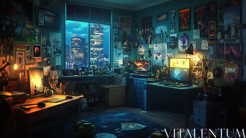 Dual-monitor gamer workstation contrasts neon city skyline outside