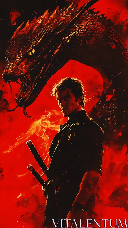 Human figure with swords before large dragon silhouette.