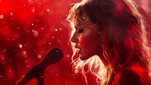 Side-lit vocalist profile framed by saturated red bokeh haze