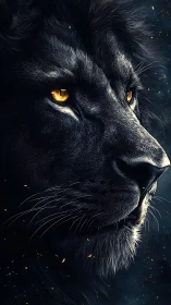High-contrast digital profile of black lion with ember eyes.
