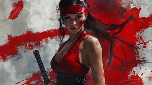 Warrior woman with katana against abstract red backdrop.