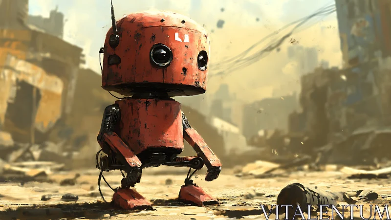 Post-apocalyptic red utility robot in desolate urban ruins.