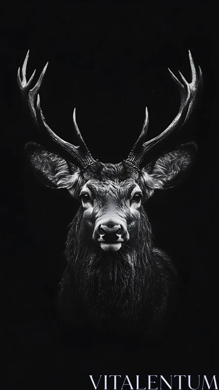 Monochrome frontal depiction of stag head on black ground.