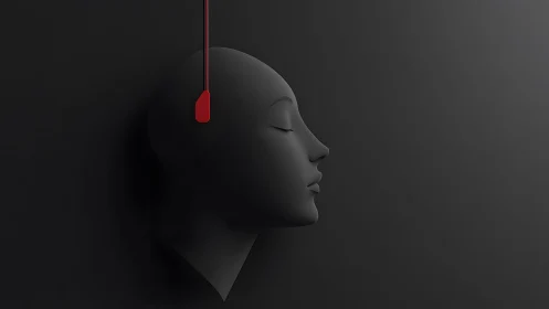 Minimalist 3D Human Head with Red Neural Connection on Dark Background.