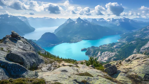 Mountain lake and rock foreground form layered alpine landscape
