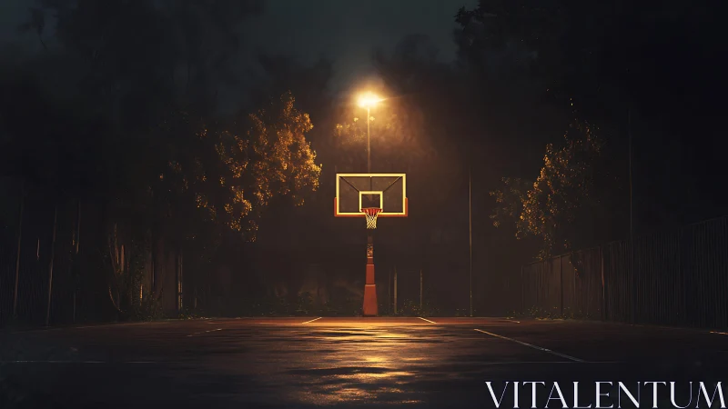 Outdoor basketball hoop under single streetlight at night.