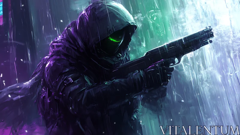 Cybernetic cloaked marksman with rifle in neon storm rain