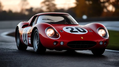 Crimson classic race car hunts dusk along a slick circuit.