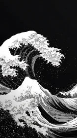 Monochrome stylized ocean wave against stark dark sky.