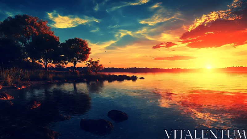 Sunset over still lake with silhouetted shoreline trees.