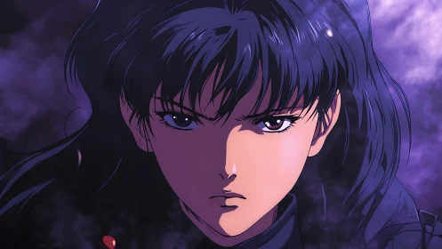 Focused anime heroine in violet atmospheric backlighting.