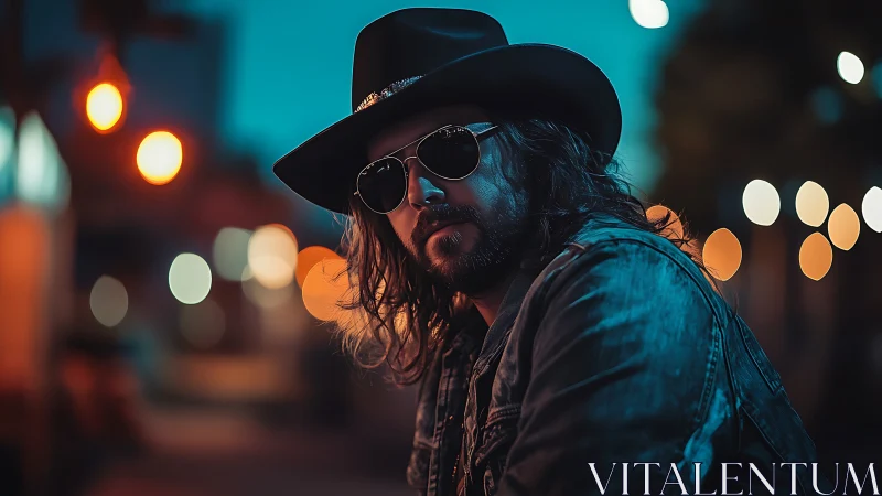Cowboy in neon street glow wears sunglasses and denim jacket.